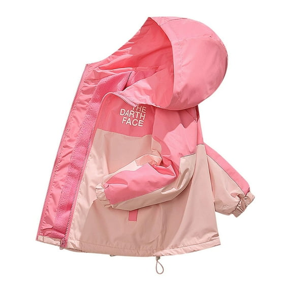 VINUSLI Kid Rain Coat Girl Color Block Zip Hooded Windbreaker Rainjacket Waterproof Lightweight Outdoor Raincoats with Pockets Pink,7 Years