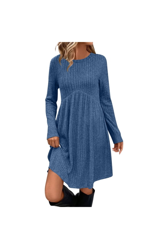 Ladies Sweater Dresses Long Sleeve Ribbed Knit Lightweight Dresses Empire Waist Crewneck Winter Knee Length A Line Dress with Pockets Blue,XXL