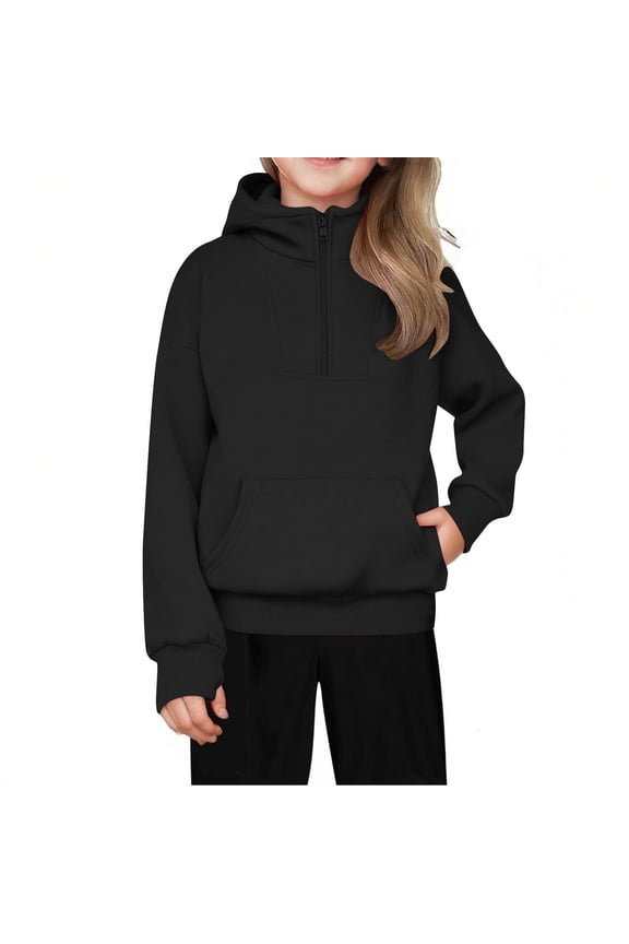 Large Boys Hoodie Solid Thumb Hole Half Zip Pullover Hooded Sweatshirts Back to School Long Sleeve Tops with Pocket Black,5 Years