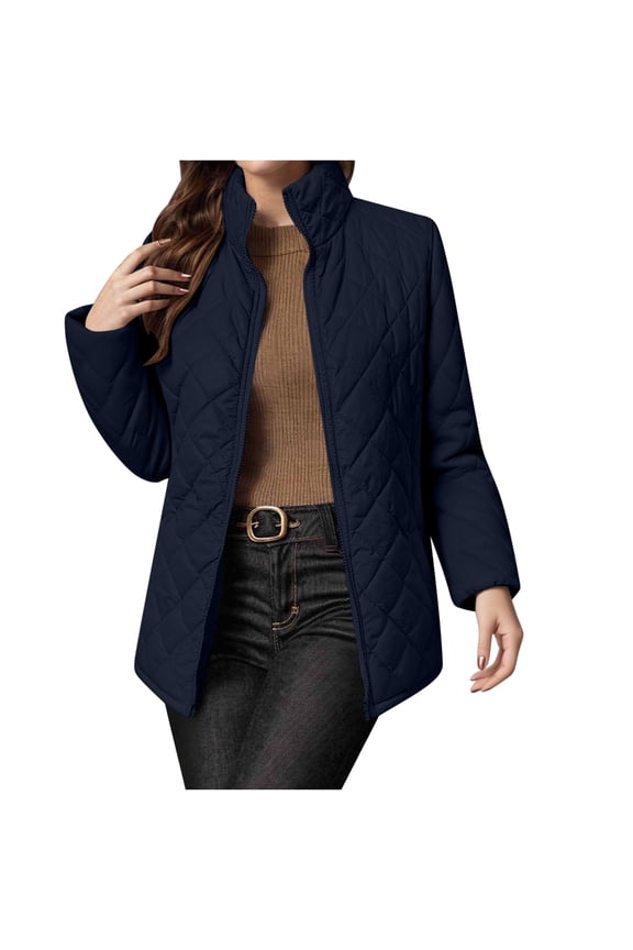 Light Down Jacket Women - Stand Collar Winter Zip Up Diamond Quilted Jackets Plain Warm Padded Down Coat Navy,L