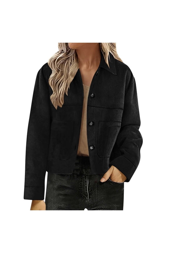 Light Suede Jacket Women 2025 Casual Faux Button Down Cropped Jackets Oversized Lapel Collar Long Sleeve Outwear Shackets Black,M