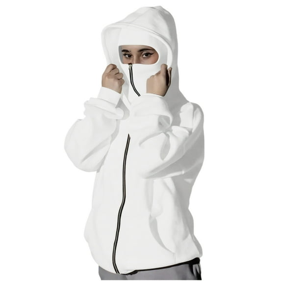VINUSLI Hoodies Zipper for Women Balaclava Hoodie with Face Mask Double Layer Hooded Windproof Y2K Jackets White,XL