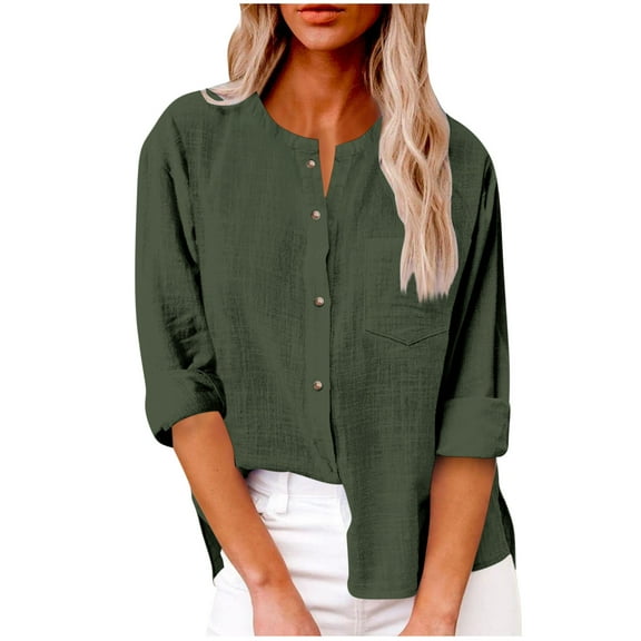 VINUSLI Linen Collarless Shirt Women Long Sleeve Button Down Blouses Fall V Neck Work Shirts Plain Blouses Gauze Tops 2025 Army Green,XXL