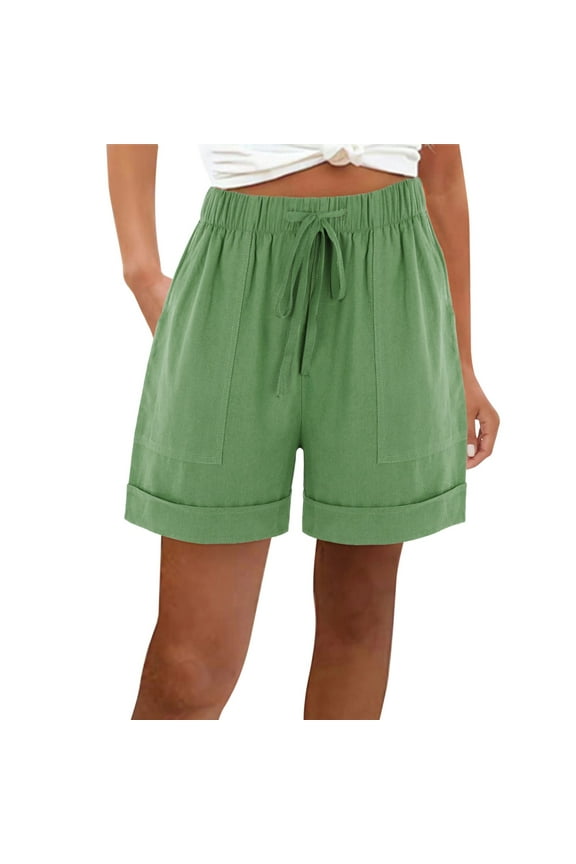 Linen Drawstring Pants Womens Elastic High Waist Dressy Shorts Summer Beach Wide Leg Comfy Pant with Pockets Green,L