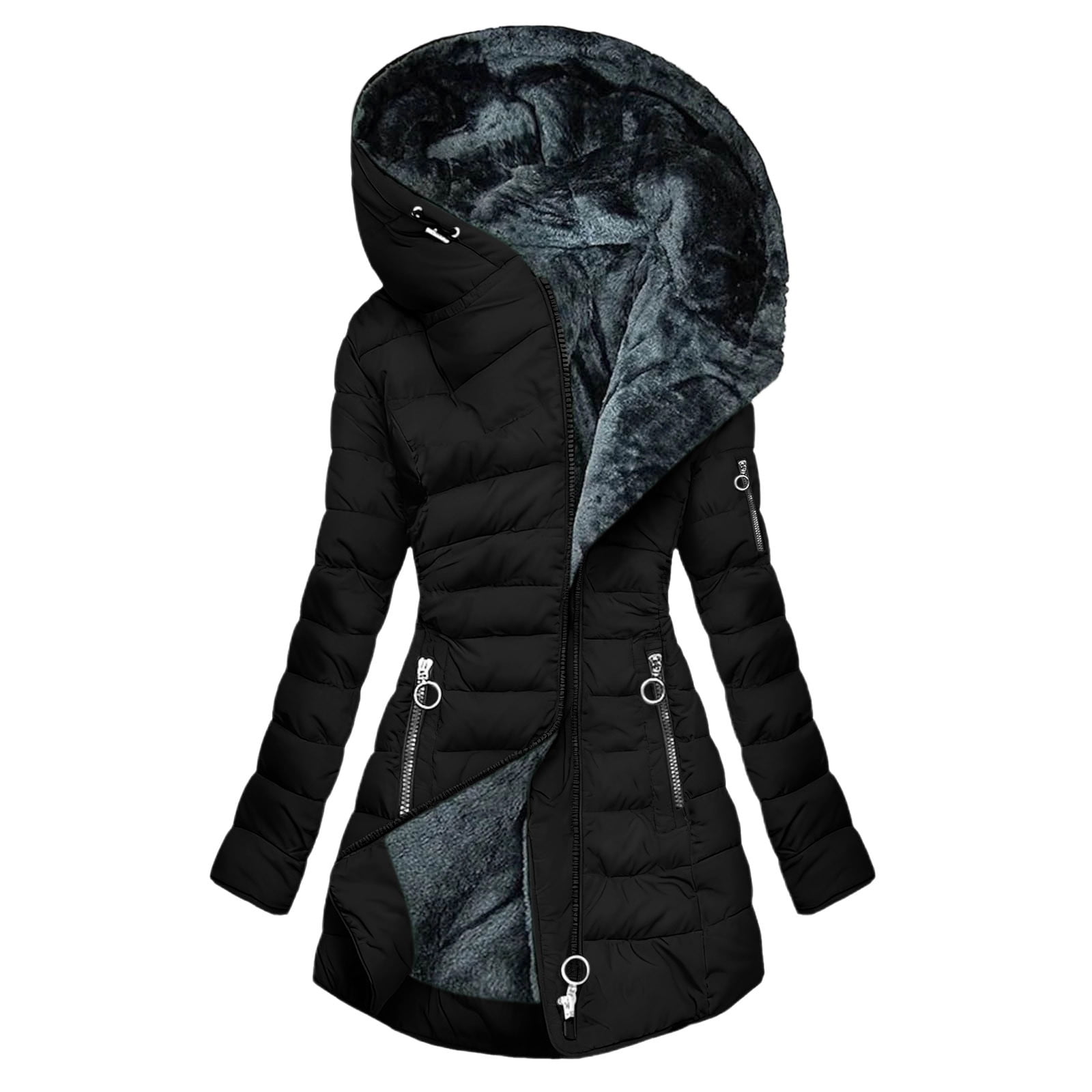 VINUSLI Long Puffer Jacket for Women Full Zip Quilted Fleece Lined Warm Hoodie Jackets Plus Size Parka Coat​ Black,XXXL