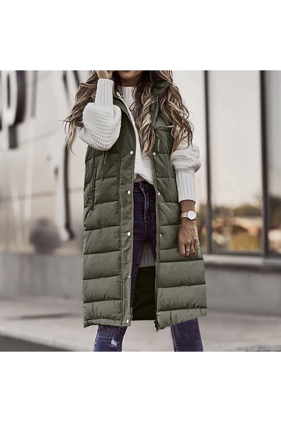 Long Puffer Vest for Women with Hood Sleeveless Puffer Jacket Lightweight Down Vest Full Zip Winter Quilted Vest 2024 Army Green,XXXXL