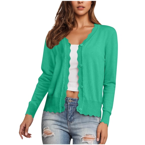 VINUSLI Long Sleeve Cardigan for Women - Button Down Ruffle Trim Cropped Knit Cardigans Open Front Lighthtweight Shrugs Sweaters Mint Green,M
