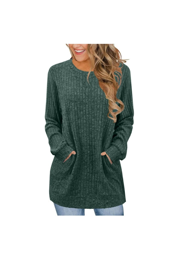 Long Sleeve Shirt Plus Size Women Ribbed Knit Dressy Casual Solid Sweaters Crewneck Fall Pullover Oversize Tunic Tops with Pocket Army Green,L