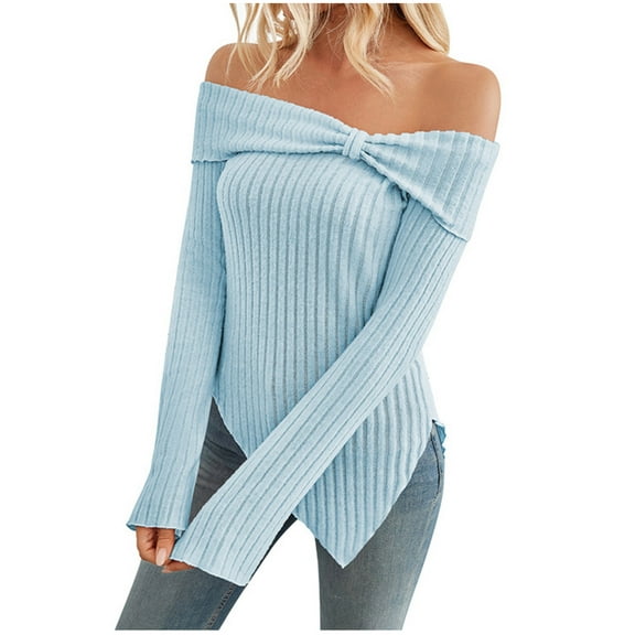 VINUSLI Long Sleeve Sweaters for Women Cute Bow Off Shoulder Ribbed Knitted Blouse Side Slit Pullover Trendy Y2k Aesthetic Tops Light Blue,XL