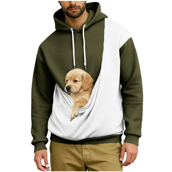 VINUSLI Mens Hooded Sweatshirt Kangaroo Pocket Dog Pouch Hoodies Pet Carrier Pullover Animal Holder Color Block Top Army Green,XXL