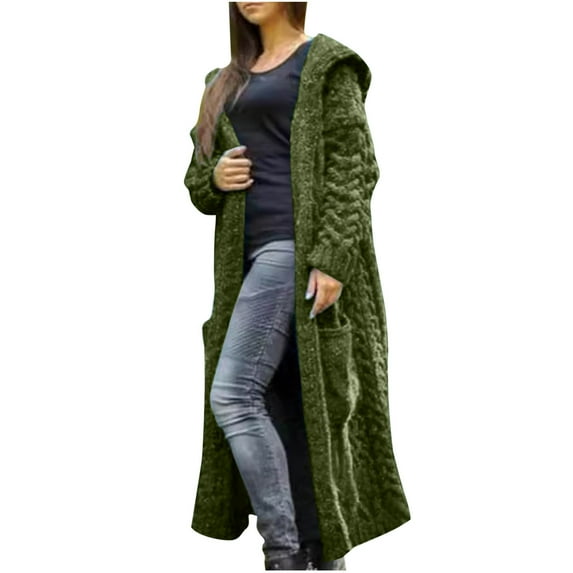 VINUSLI Oversized Knit Cardigans for Women - Open Front Hooded Long Cardigan Long Sleeve Warm Outerwear Sweaters Coat with Pockets Green,M