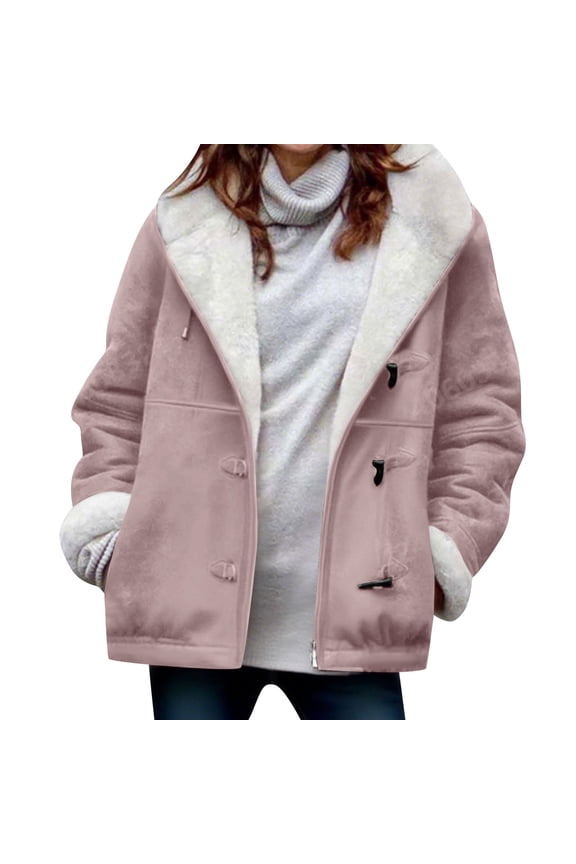 Oversized Sherpa Jacket Women Winter Horn Button Faux Suede Hoodie Long Sleeve Parka Pea Coats Outerwear​ Pink,M