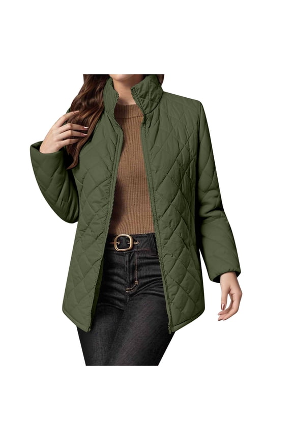 Packable Down Jacket Womens - Stand Collar Lightweight Zip Up Diamond Quilted Jackets Plain Warm Padded Down Coat Green,XXL