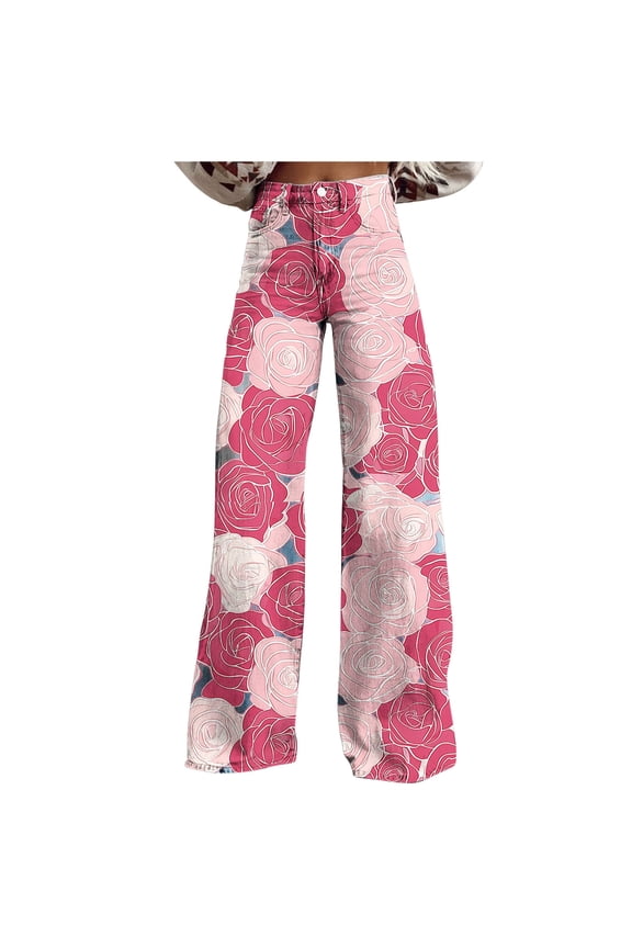 Petite Flared Jeans for Women Loose Fit Wide Leg Denim Pants High Waisted Boho Vintage Print Trousers Pink,S