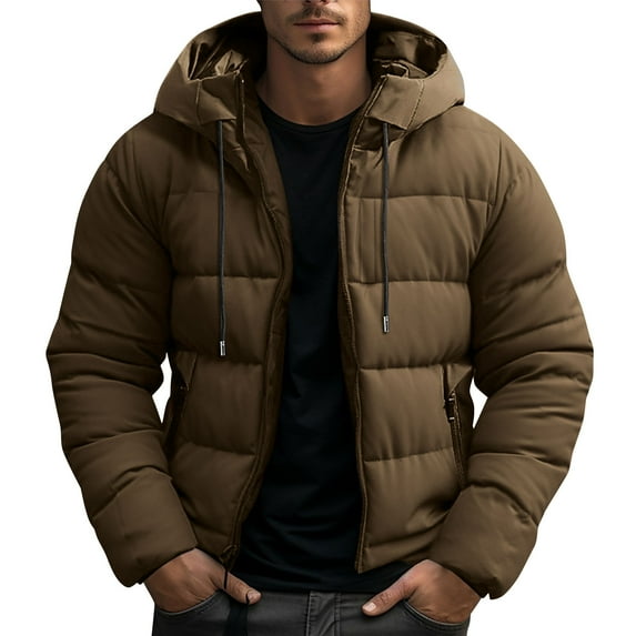 VINUSLI Puff Jackets for Men Thicken Quilted Warm Jacket with Detachable Hood Winter Zip Up Cold Weather Outerwear Coat Brown,XL