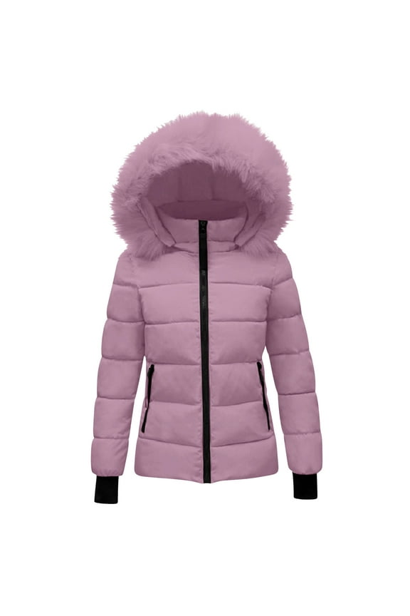 Puffer Jacket for Women with Hood Quilted Thicken Warm Ski Down Jackets Faux Fur Trim Zip Up Waterproof Outdoor Comfy Coats Pink,L