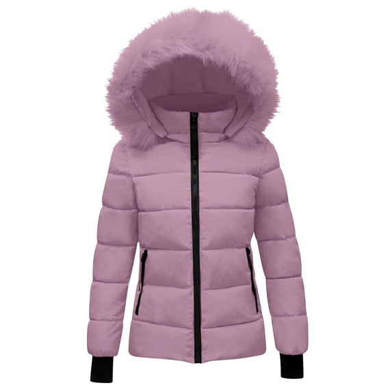 VINUSLI Puffer Jacket for Women with Hood Quilted Thicken Warm Ski Down Jackets Faux Fur Trim Zip Up Waterproof Outdoor Comfy Coats Pink,L