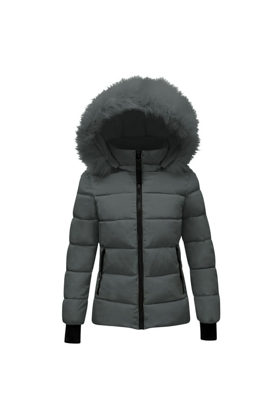 Puffer Jacket with Hoodie Womens Quilted Thicken Warm Ski Down Jackets Faux Fur Trim Zip Up Waterproof Outdoor Comfy Coats Dark Gray,XXL