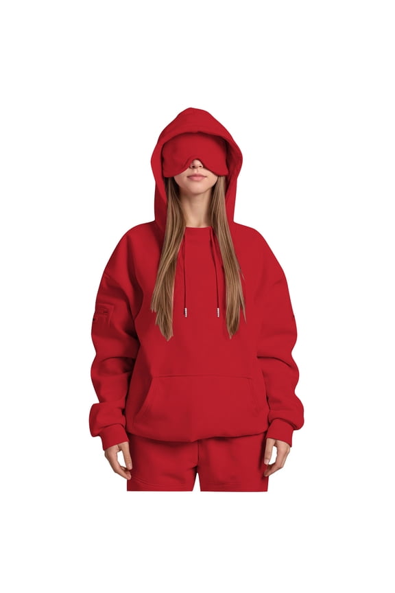 Pull Over Hoodie for Womens Plus Size Lightweight Drawstring Hoodies Jacket with Eye Mask Solid Long Sleeve Sweatshirts with Pockets Red,L