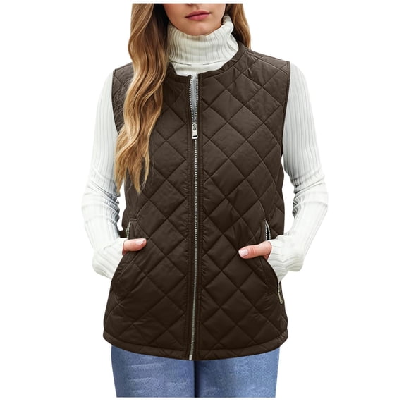 VINUSLI Quilted Vest Plus Size Women - Stand Collar Lightweight Jackets Sleeveless Padded Zip Pockets Gilet Coffee,S