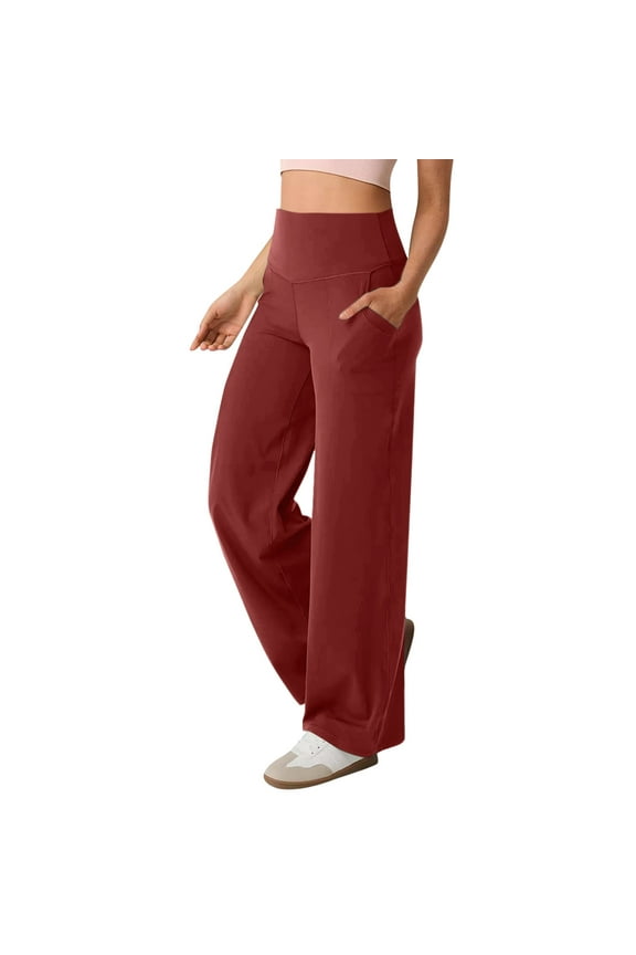 Scrubs Pants for Women Wide Straight Leg High Waisted Workout Sweatpant Tummy Control Stretchy Bootcut Solid Pull On Pant Wine,XXL