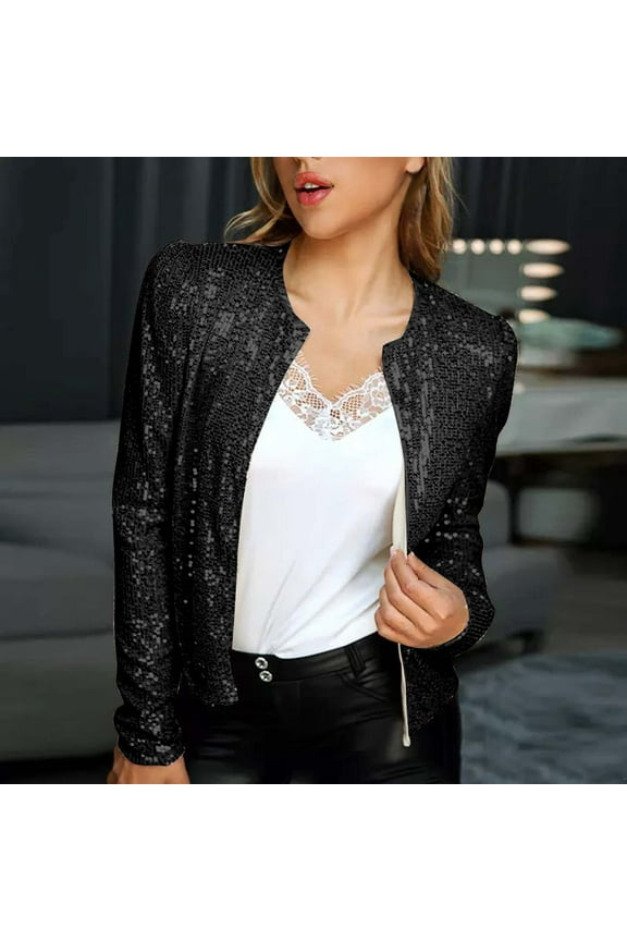 Sequin Blazer for Women Open Front Long Sleeve Jacket Cardigan Elegant Fitted Club Party Coat Outerwear Short Glitter Jackets 2024 Black,S