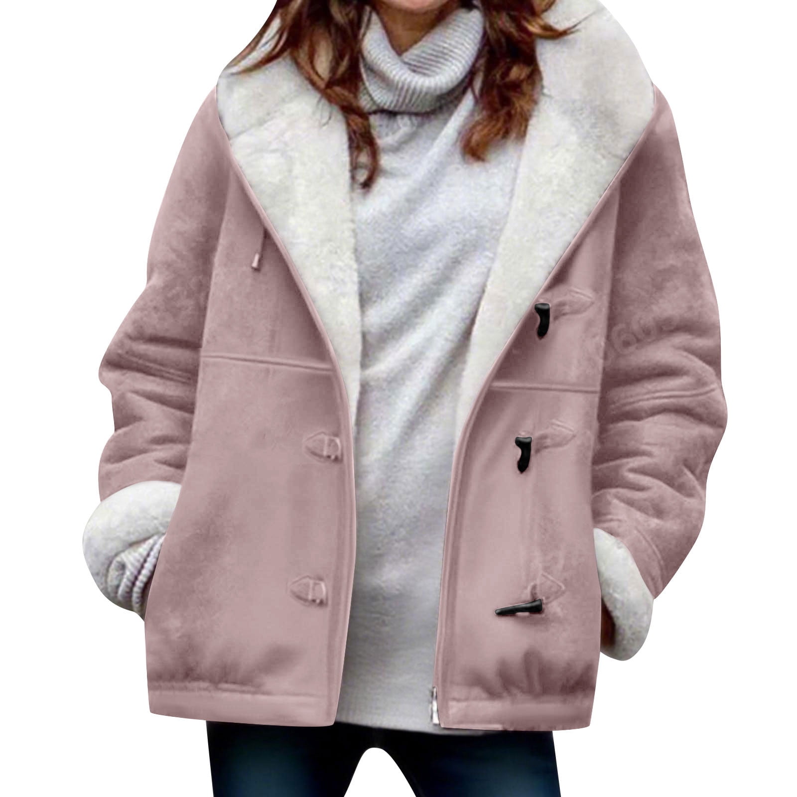 VINUSLI Sherpa Fleece Jacket Women Winter Horn Button Faux Suede Hoodie Long Sleeve Outerwear Parka Pea Coats​ Pink,XXXXL