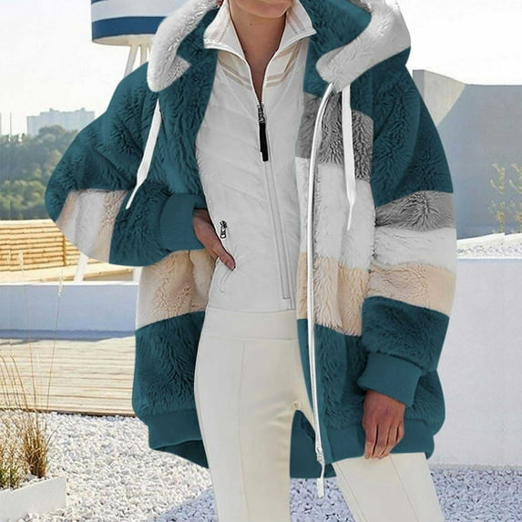 VINUSLI Sherpa Fleece Jacket for Women Plus Size Full Zip Oversized Long Sleeve Hooded Fuzzy Cardigan Coat Colorblock Winter Outwear 2024 Blue,XXL