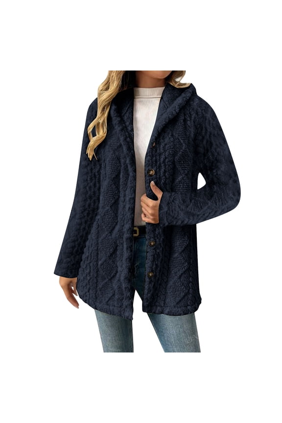 Sherpa Womens Jacket - Winter Button Down Teddy Hooded Jackets Warm Plus Size Long Sleeve Fuzzy Coats Navy,XXXL