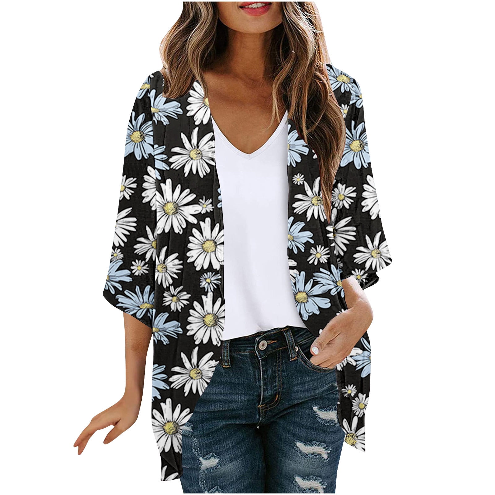 Finoceans Women's Floral Kimono Cardigan - Sheer Chiffon, 3/4 Sleeve, Boho Wrap, XX-Large - View #5