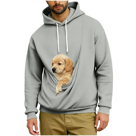 VINUSLI Thick Sweatshirts for Men Solid Long Sleeve Pullover Hoodies with Pet Pocket Kangaroo Casual Warm Tops for Dog Cat Gray,XXXL
