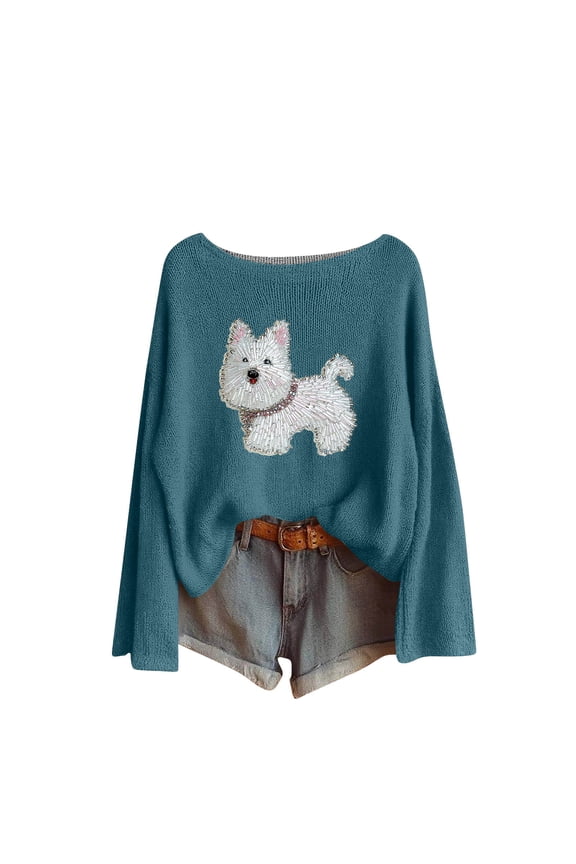 Ugly Christmas Sweaters for Teens 2025 Trendy Cute Dog Long Sleeve Xmas Sweatshirts Crewneck Knitted Pullover Fall Loose Fit Tops Navy,XL