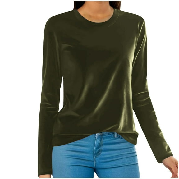 VINUSLI Velvet Womens Clothing Crewneck Pullover Fall Fashion Velour Shirts Plus Size Long Sleeve Dressy Casaul Blouses Army Green,XL