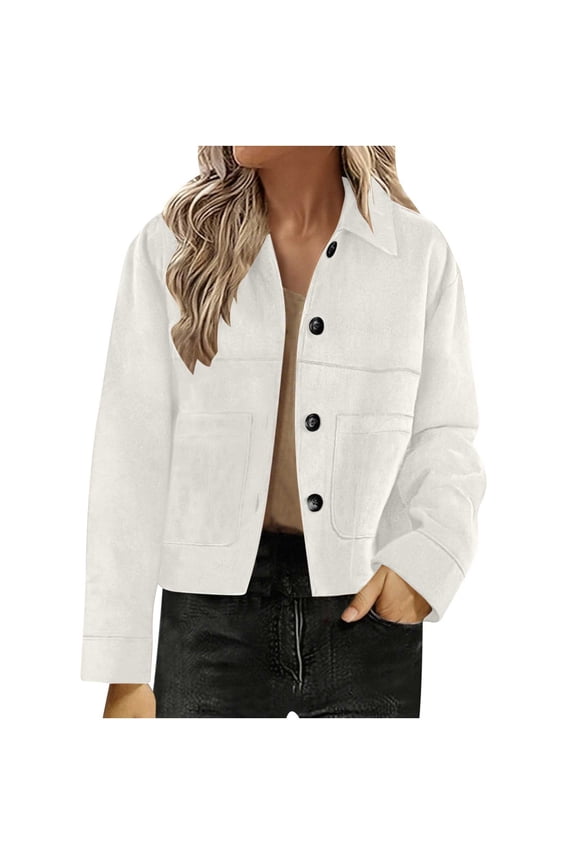 Vintage Suede Jacket Women 2025 Casual Faux Button Down Cropped Jackets Oversized Lapel Collar Long Sleeve Outwear Shackets White,S