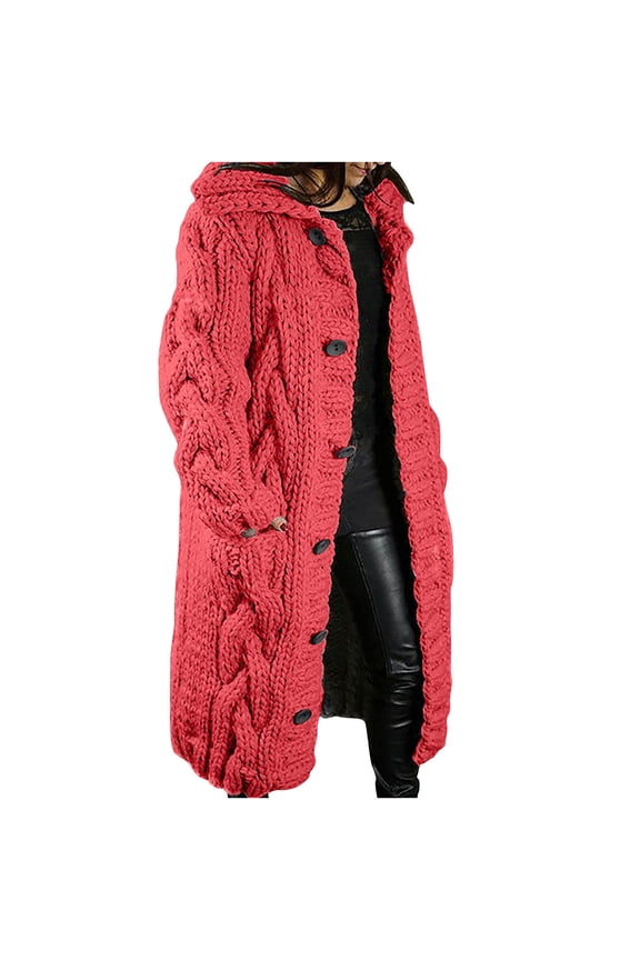 Waffle Knit Cardigan for Women - Winter Chunky Open Front Long Cardigans Button Down Hooded Sweaters with Pockets Red,M