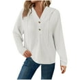 thumbnail image 1 of VINUSLI Waffle Knit Hoodie Women Cozy Texture Drawstring Button Collar Hoodies Pullover Lightweight Fall Long Sleeve Sweatshirts White,XS, 1 of 8