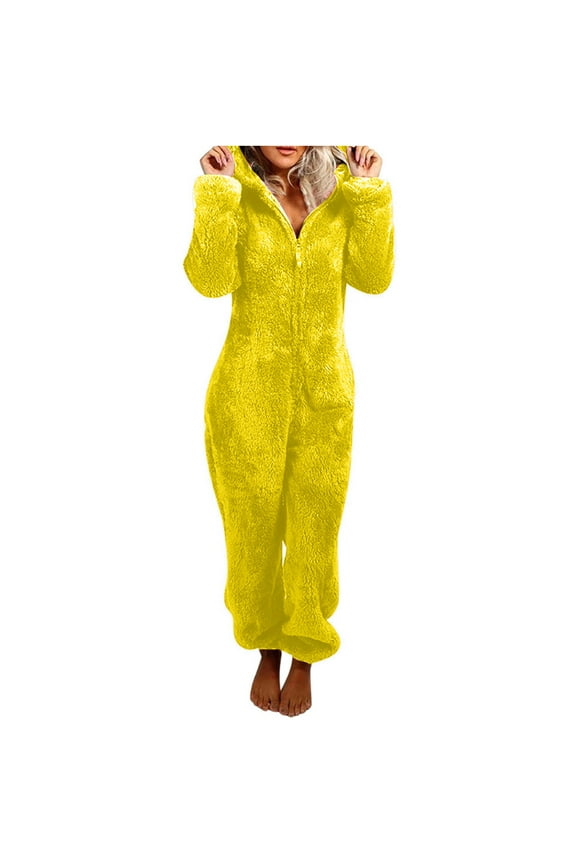Warm Pajamas Women Set Zip Up Fleece Sherpa Onesie Jumpsuit Plus Size Hooded Ears Long Sleeve One Piece Romper Yellow,S