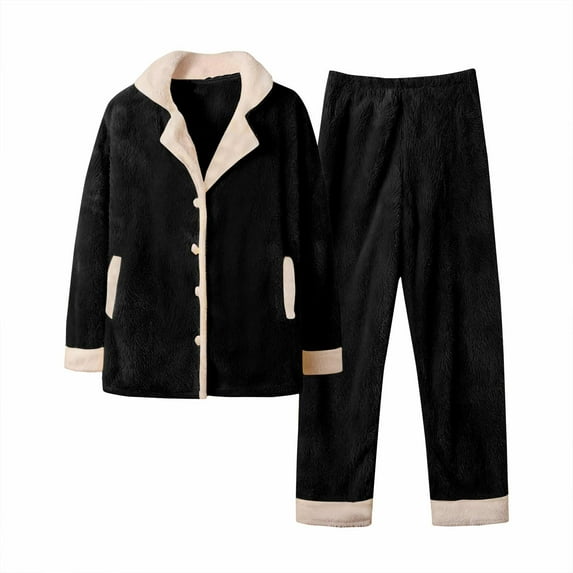 VINUSLI Warm Womens Pajamas Set Fluffy Soft Comfy Pullover Pj Set Button Plush 2 Piece Sleepwear Fuzzy Fleece Outfit Black,S