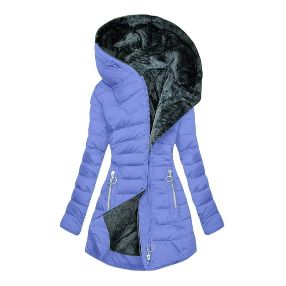 VINUSLI Winter Coats for Women Long Faux Fur Jacket Padded Warm Zip Up Fleece Lined Coat Plus Size Thicken Hooded Parka Jackets Outwear 2025 Blue,XXL