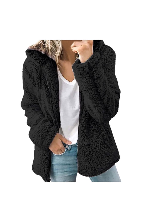 Winter Jacket for Women Fleece Lined 2025 Zip Up Warm Sherpa Hooded Jackets Thick Fuzzy Hoodies Cardigan Outerwear with Pockets Black,L