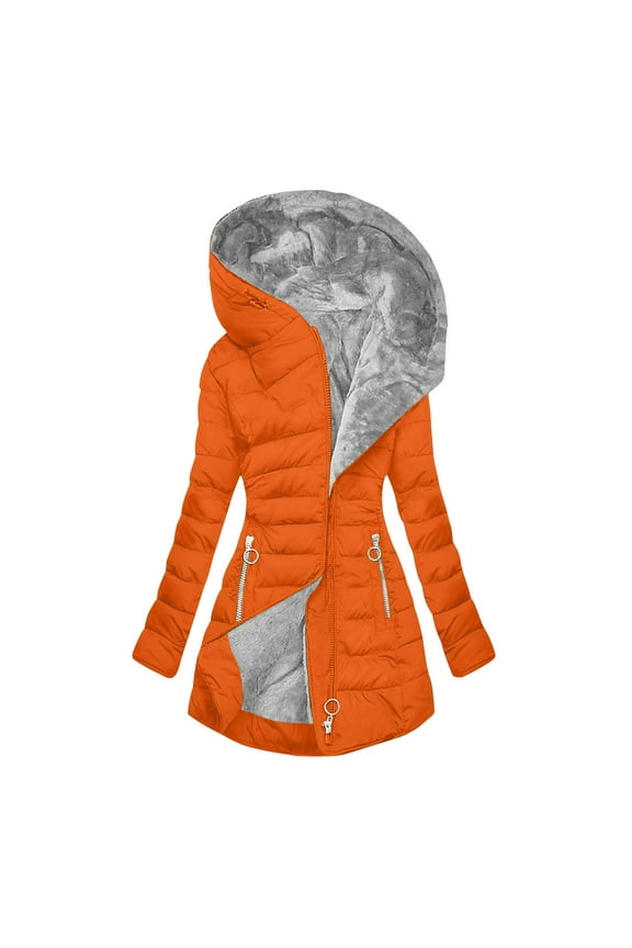 Winter Puffer Jackets for Women with Hood Full Zip Fleece Lined Quilted Plus Size Warm Hoodie Jackets Parka Coat​ Orange,XXXXL