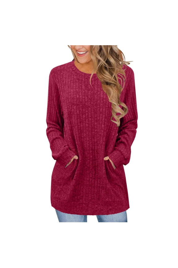 Womans Long Sleeve Sweatshirt Ribbed Knit Dressy Casual Solid Sweaters Crewneck Fall Pullover Oversize Tunic Tops with Pocket Hot Pink,XL