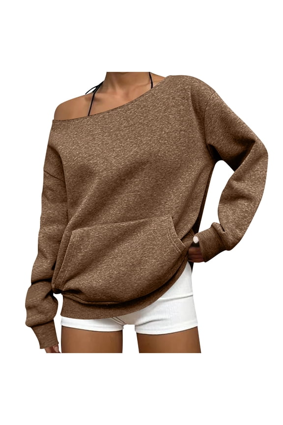 Women Blouses Off Shoulder Fall Slouchy Oversized Pullover Sweatshirt Y2K Trendy Casual Long Sleeve Streetwear Tops with Pocket Brown,M