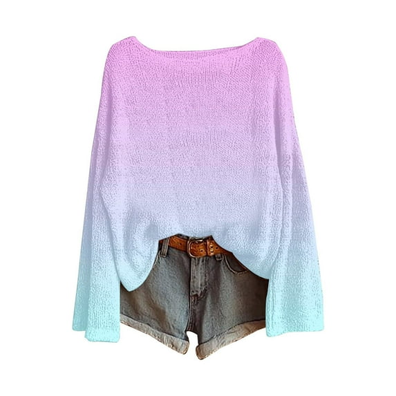 VINUSLI Women Boho Sweater Oversized Vintage Knitted Long Sleeve Shirts Gradient Casual Crewneck Pullover Top Purple,XXL
