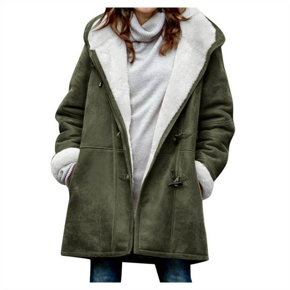 VINUSLI Women Faux Suede Jacket Horn Button Quilted Sherpa Fleece Hooded Jackets Outerwear Parka Coats Army Green,XXXL