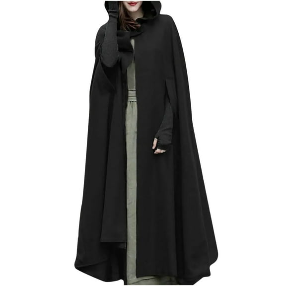 VINUSLI Women Hooded Wool Blend Maxi Long Cape Poncho Maxi Cloak Coat Fall Winter Trench Coat Robe Gothic Plus Size Clothes 2025 Black,XL