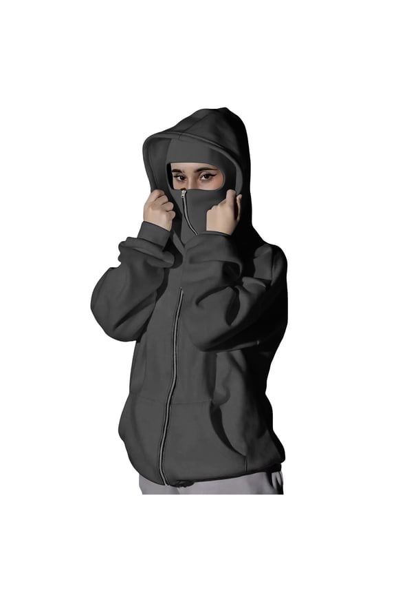 Women Hoodies with Zipper Balaclava Hoodie with Face Mask Double Layer Hooded Windproof Y2K Jackets Dark Gray,S