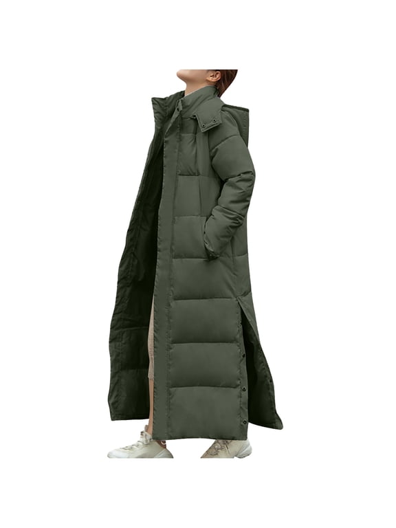 Women Long Puffer Coat Winter Warm Hooded Jacket Long Sleeve Parka Full Length Down Coats Thickened Side Split Long Down Coats 2025 Army Green,S