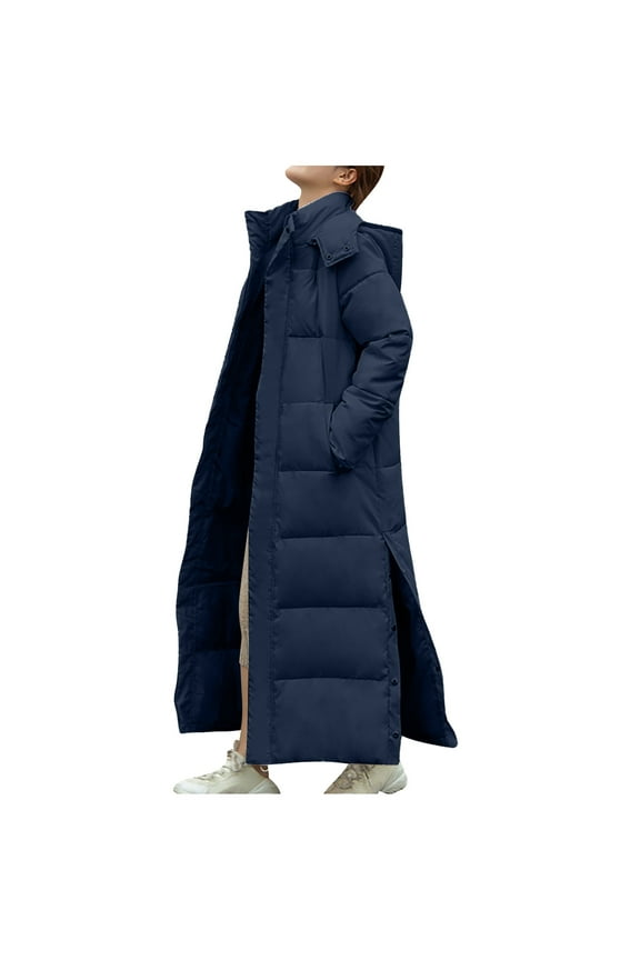 Women Long Puffer Coat Winter Warm Hooded Jacket Long Sleeve Parka Full Length Down Coats Thickened Side Split Long Down Coats 2025 Navy,M