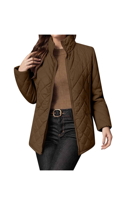 Women Packable Down Jacket - Stand Collar Lightweight Zip Up Diamond Quilted Jackets Plain Warm Padded Down Coat Brown,XXL